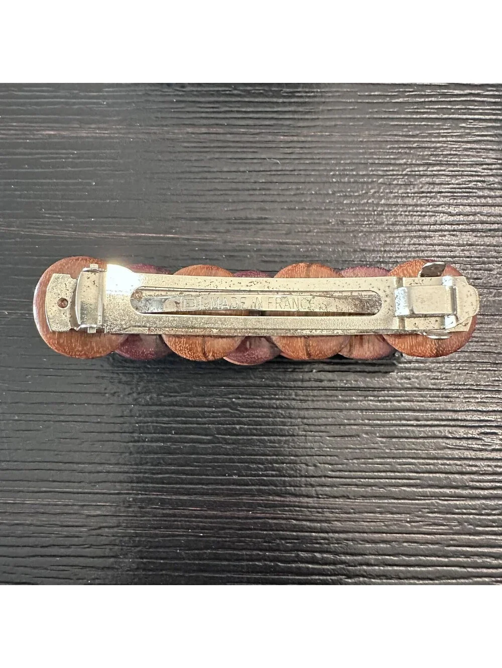 Vintage Made In France Wooden Disc Barrette Brown Wood Hair Clip Boho VGC